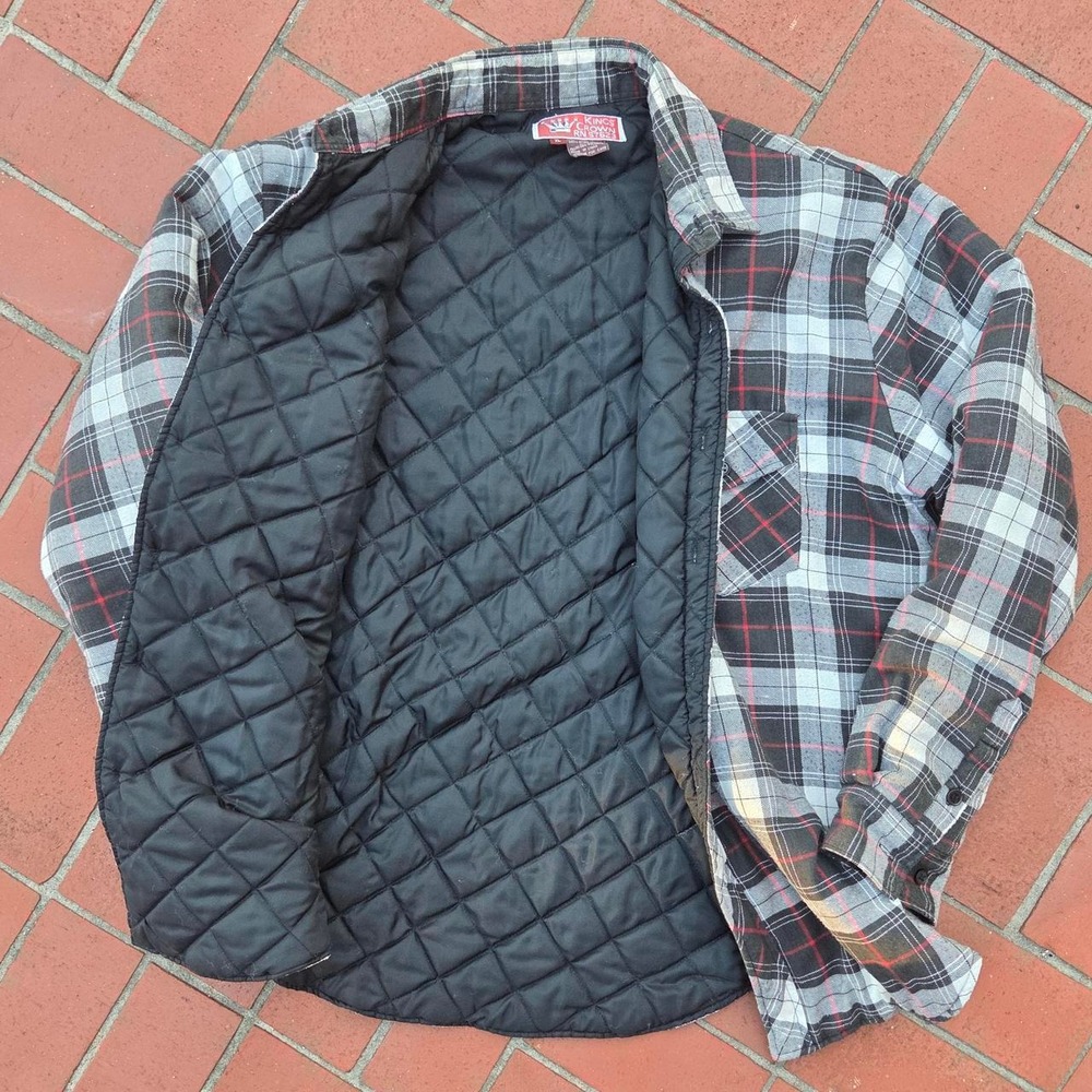 Vintage Kings Crown Plaid Quilted Lined Shirt Jacket Mens XL Red Black Grey 90s